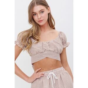 154. Taupe Gingham Off Shoulder Pleated Crop Top With Back Tie